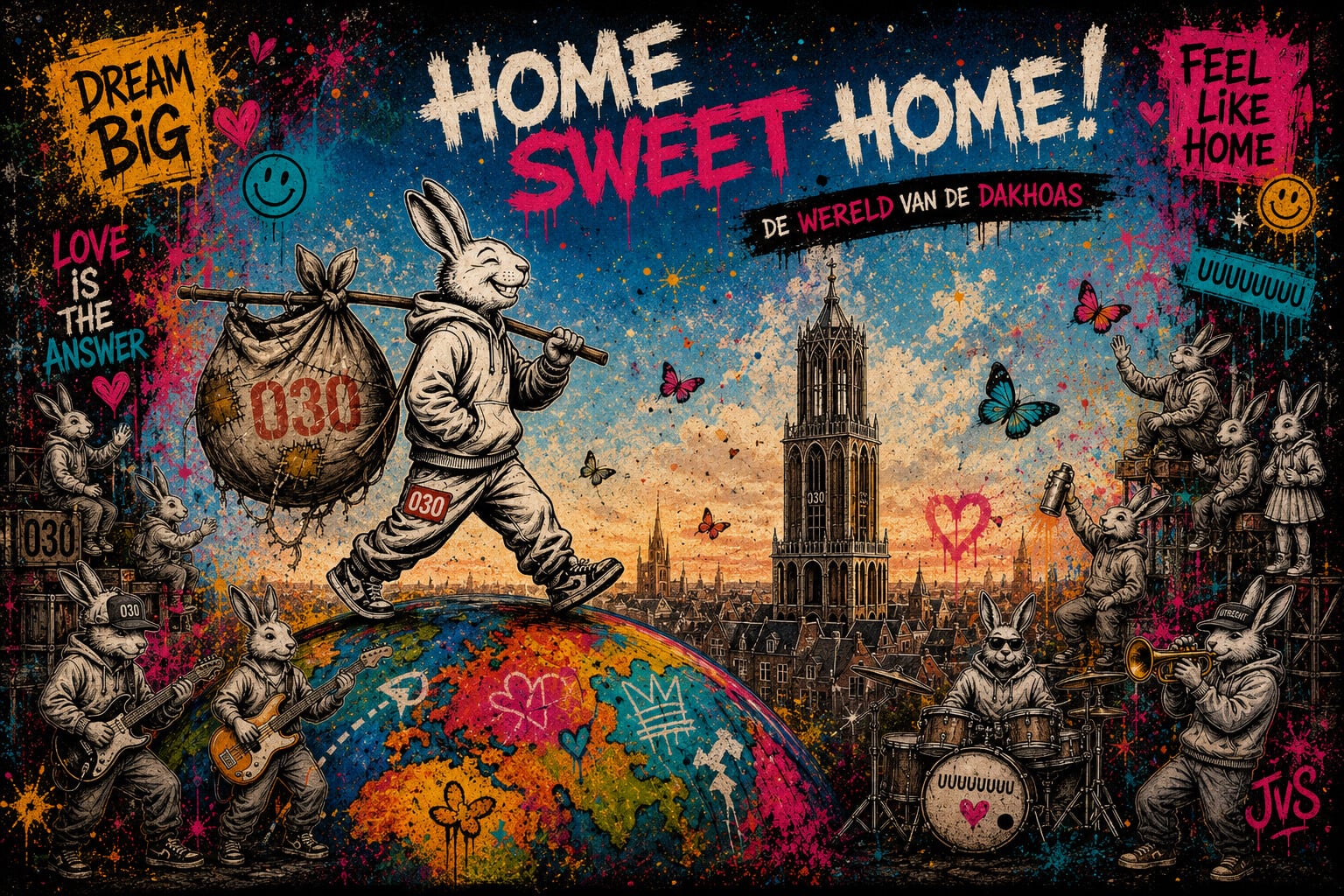 Home Sweet Home — De Dakhoas loopt over de wereldbol met de Domtoren op zijn rug, omringd door vlinders, graffiti en muzikanten
